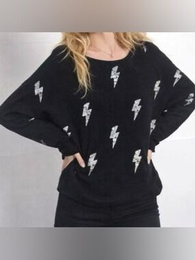 Wooden Ships Charcoal Open Knit Sweater Lightning Bolts Dropped Sleeves Size S/M